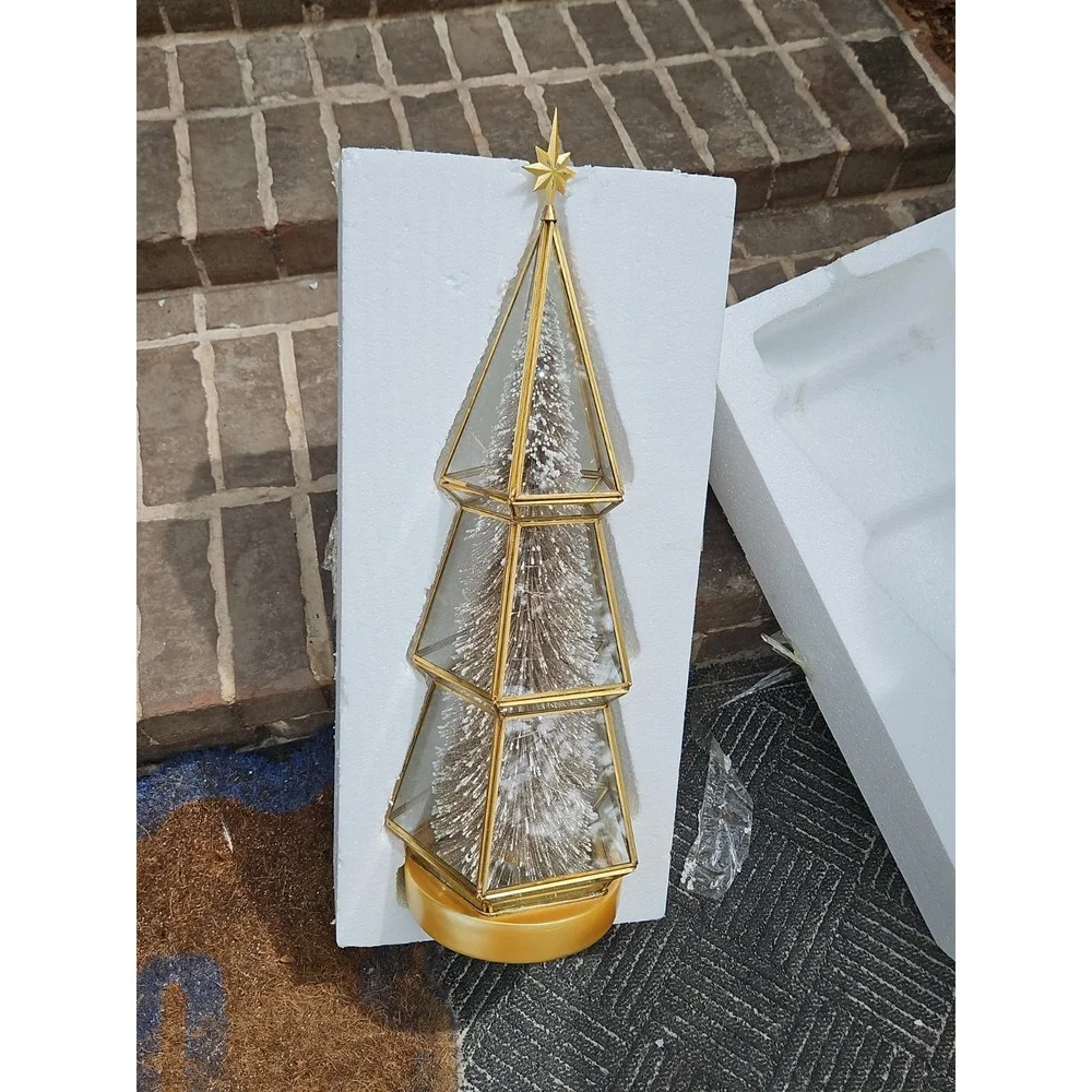 VTG Gold Table Top Christmas Tree Lighted GLASS ENCASED Hollywood Regency 24